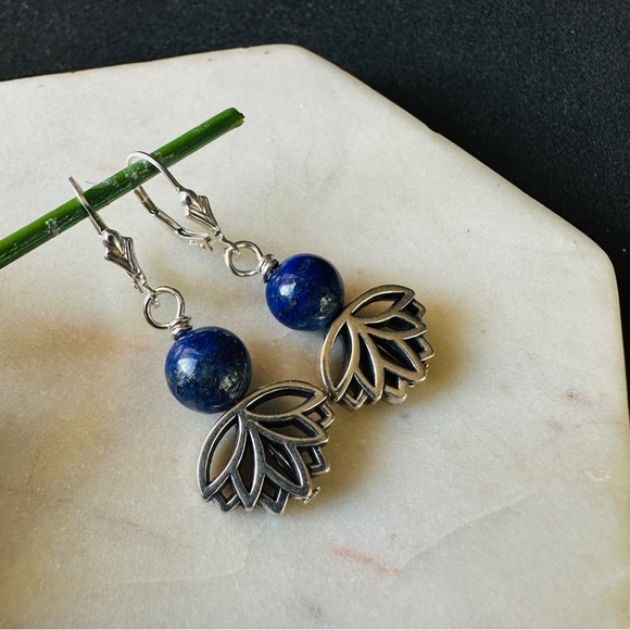 Lapis Lazuli Earrings with Lotus Flower Sterling Silver Lever Back - Picture 7 of 11